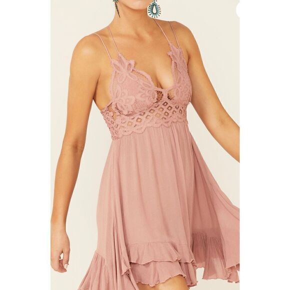 Free People Women's Adella Slip Mini Laced Ruffled Rose Dress Size XS NWT - Picture 3 of 4